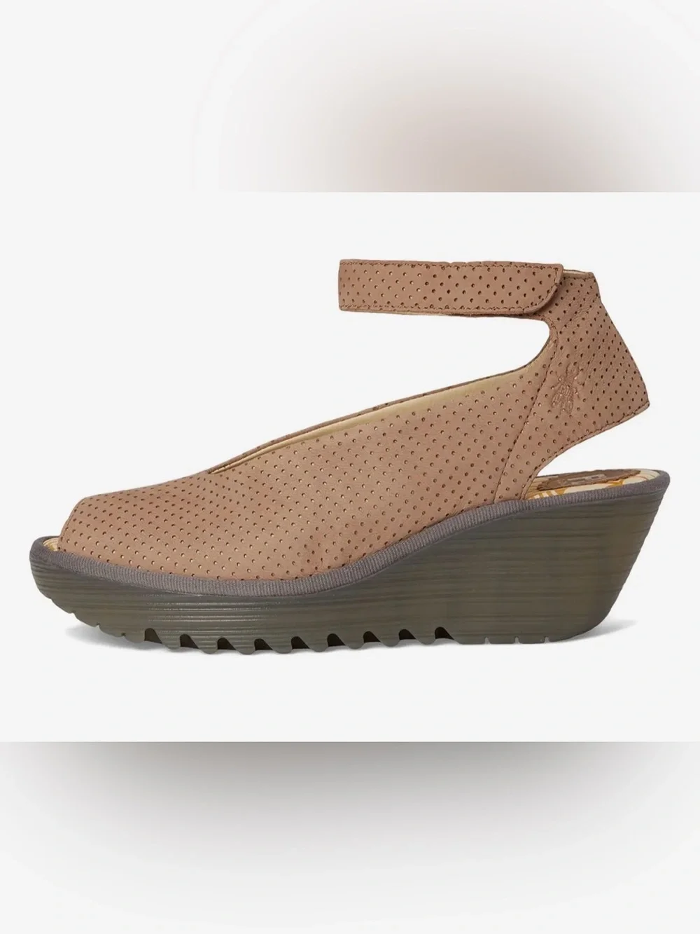 Fly London Yala Perf Platform Wedge Peep-Toe Ankle Strap Sandal - Taupe 39(8.5)